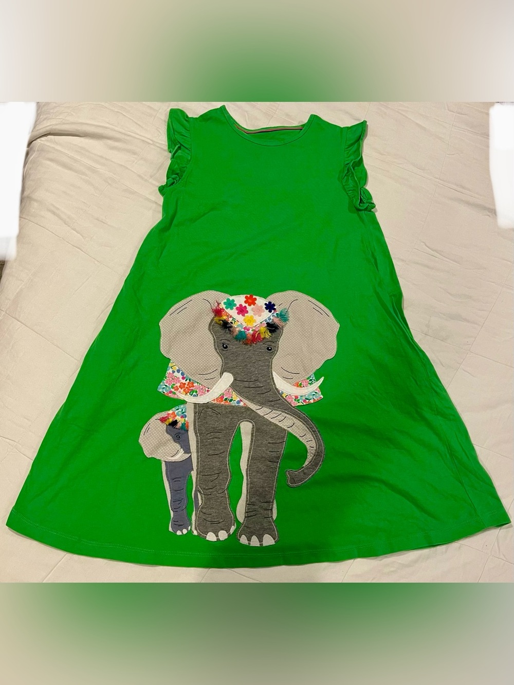 Mini Boden Green Elephant Flower Appliqué Dress Ruffle Sleeve Sz 11/12 Mama Baby